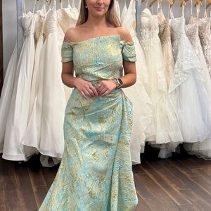 Textured Seaglass and Gold Mother of the Bride Dress